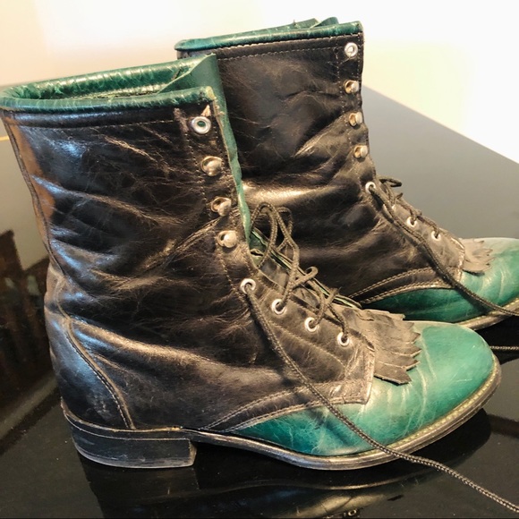 Laredo Shoes - LAREDO Leather Lace Up Roper Cowgirl Boots Women's Size 7 M Black Green Fringe